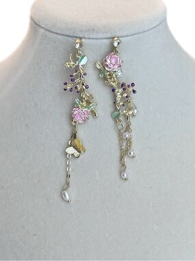Delicate Pink Rose & Gold Branch Dangle Earrings - Floral Pearl Accent